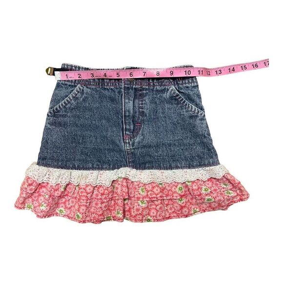 Vintage Lee Girls Size 6 Adjustable Waist Denim Jean Skirt Ruffle Flowers Lace - Picture 3 of 7